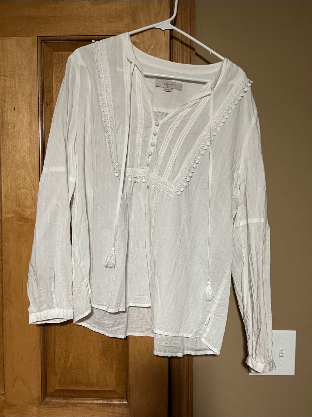 LOFT White Tassel Peasant Blouse with Pom Trim